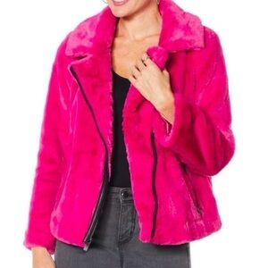 G by Giuliana plush faux fur moto asymmetrical jacket fuchsia L